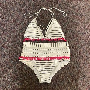 NWOT STIPE WHITE & BLUE WITH PINK POMPOMS BIKINI